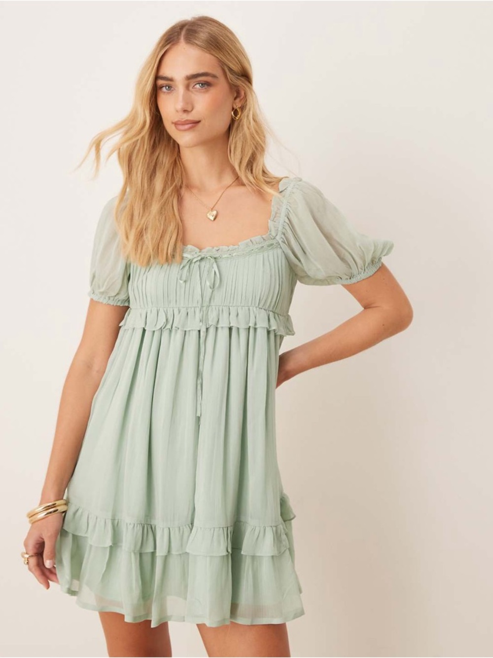 ASOS DESIGN Babydoll Romantic Mini Dress - Sage Green - 6